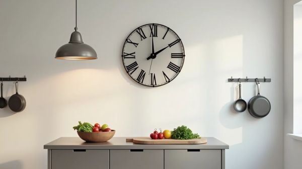 Cuisine ouverte : trois murs nus et une horloge pour les habiller
